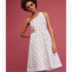 Anthropologie HD in Paris White One Shoulder Watermelon Dress. NWOT. Size 10.